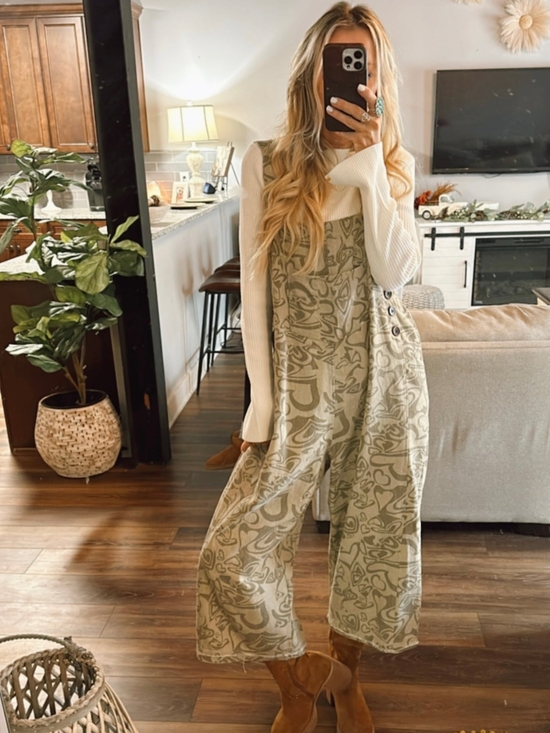easel Pants - easel Olive Abstract-Print Wide Leg Overalls. NWOT Size Small